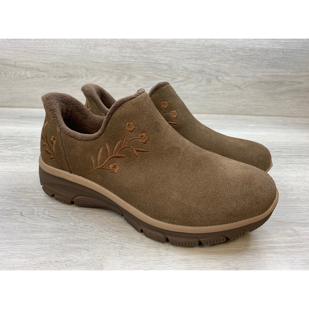 Skechers Slip-ins DLux Walker Brown Suede Floral Shoes Women's 10